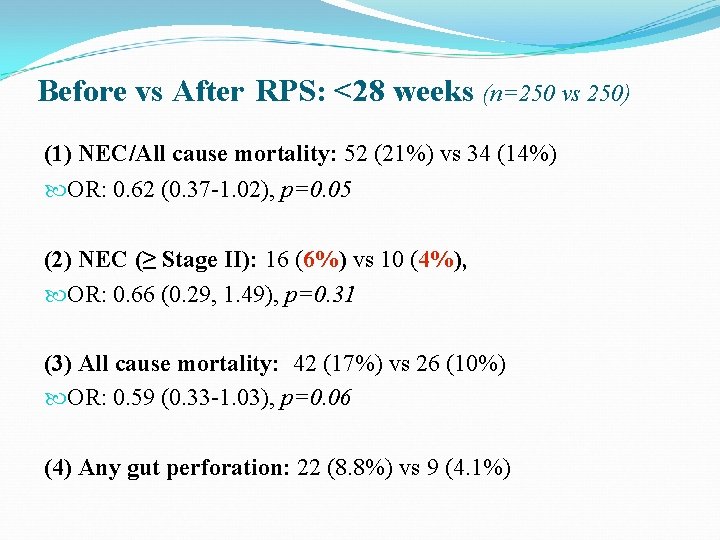 Before vs After RPS: <28 weeks (n=250 vs 250) (1) NEC/All cause mortality: 52