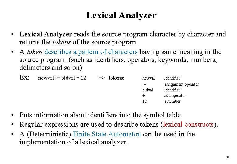 Lexical Analyzer • Lexical Analyzer reads the source program character by character and returns