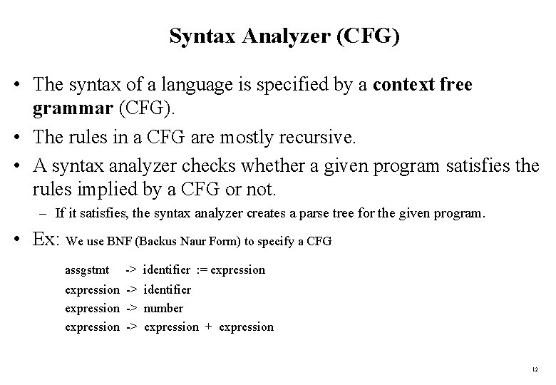 Syntax Analyzer (CFG) • The syntax of a language is specified by a context