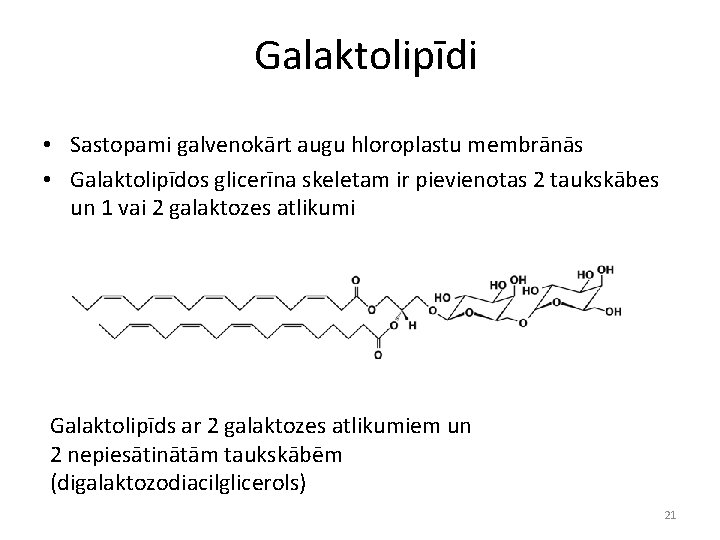 Galaktolipīdi • Sastopami galvenokārt augu hloroplastu membrānās • Galaktolipīdos glicerīna skeletam ir pievienotas 2