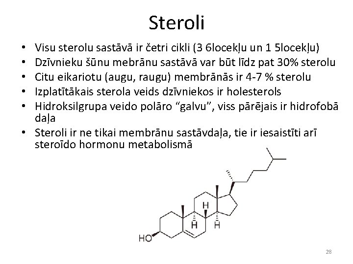 Steroli Visu sterolu sastāvā ir četri cikli (3 6 locekļu un 1 5 locekļu)