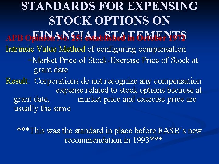 STANDARDS FOR EXPENSING STOCK OPTIONS ON FINANCIAL STATEMENTS APB Opinion No. 25: established in