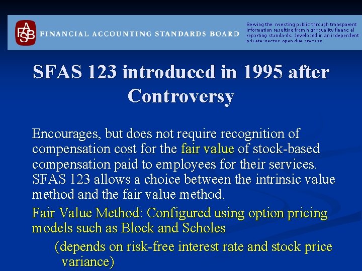 SFAS 123 introduced in 1995 after Controversy Encourages, but does not require recognition of