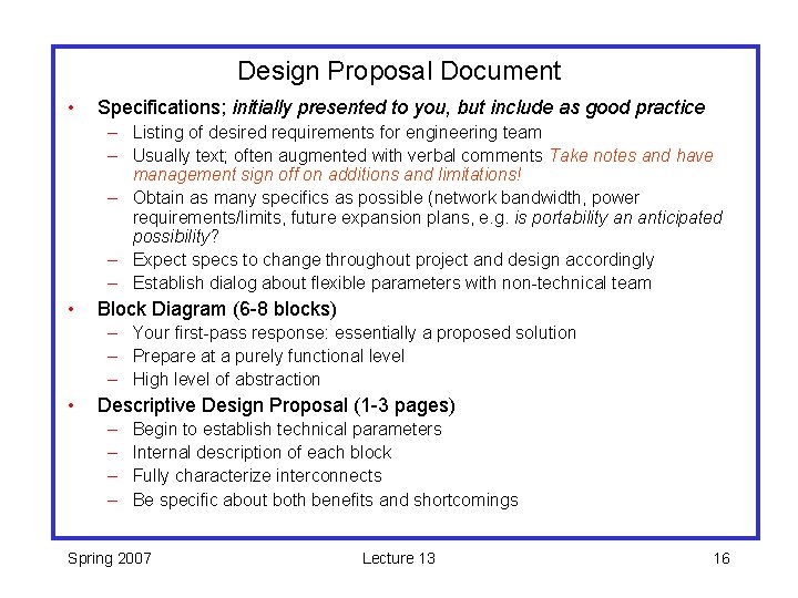 Design Proposal Document • Specifications; initially presented to you, but include as good practice
