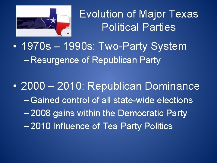 Evolution of Major Texas Political Parties • 1970 s – 1990 s: Two-Party System
