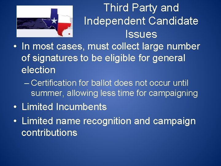 Third Party and Independent Candidate Issues • In most cases, must collect large number