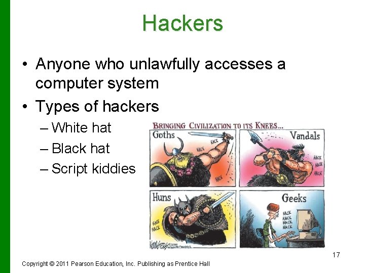 Hackers • Anyone who unlawfully accesses a computer system • Types of hackers –