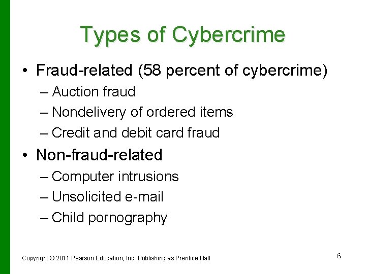 Types of Cybercrime • Fraud-related (58 percent of cybercrime) – Auction fraud – Nondelivery