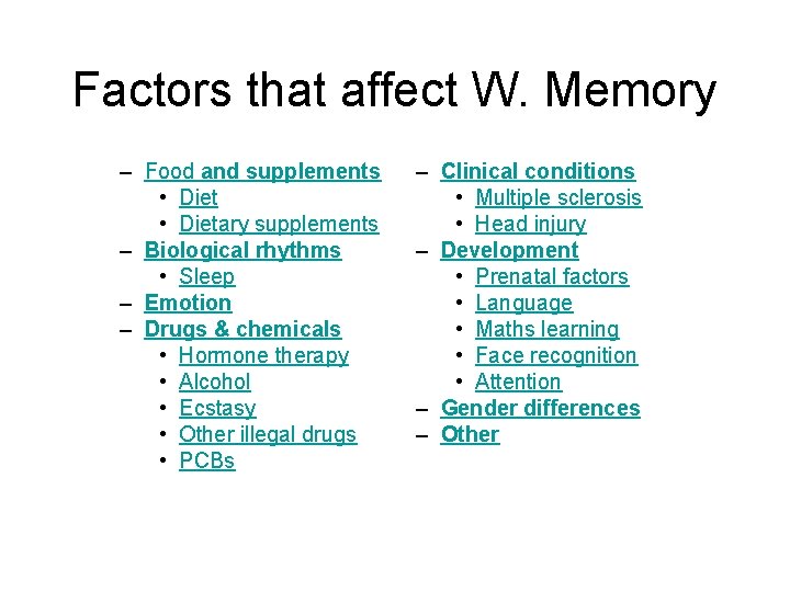 Factors that affect W. Memory – Food and supplements • Dietary supplements – Biological