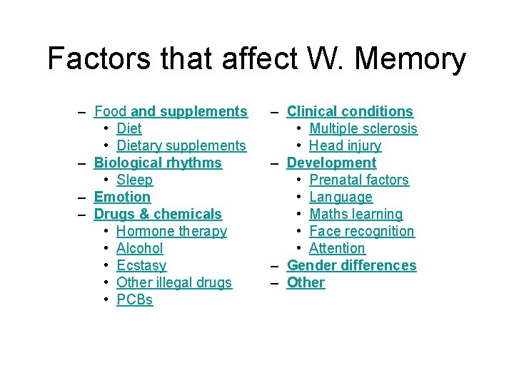 Factors that affect W. Memory – Food and supplements • Dietary supplements – Biological Factors that affect W. Memory – Food and supplements • Dietary supplements – Biological