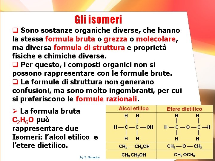 Gli isomeri q Sono sostanze organiche diverse, che hanno la stessa formula bruta o