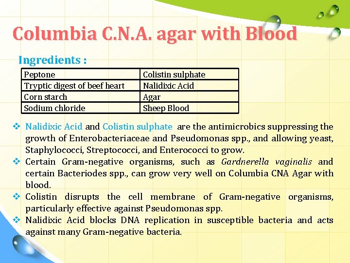 Columbia C. N. A. agar with Blood Ingredients : Peptone Tryptic digest of beef