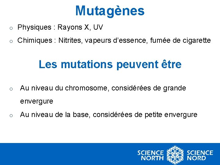 Mutagènes o Physiques : Rayons X, UV o Chimiques : Nitrites, vapeurs d’essence, fumée