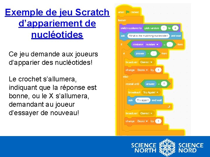 Exemple de jeu Scratch d’appariement de nucléotides Ce jeu demande aux joueurs d’apparier des