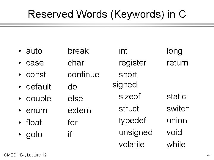 Reserved Words (Keywords) in C • • auto case const default double enum float