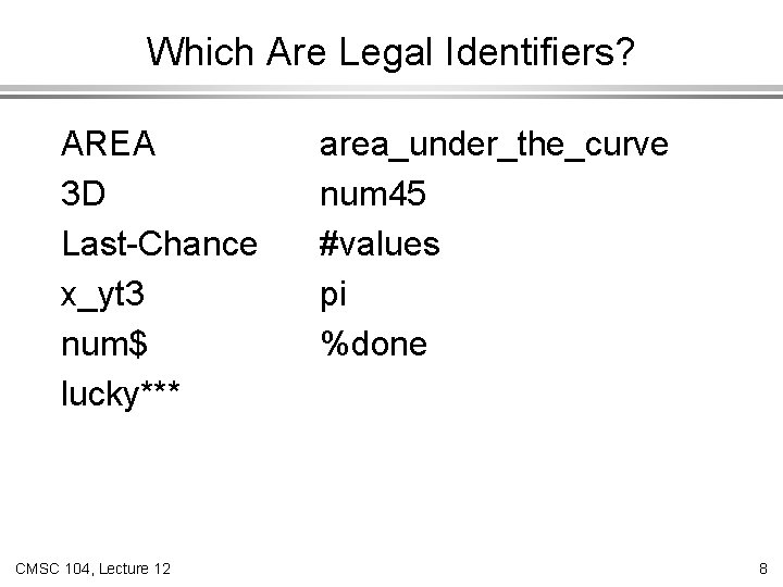 Which Are Legal Identifiers? AREA 3 D Last-Chance x_yt 3 num$ lucky*** CMSC 104,