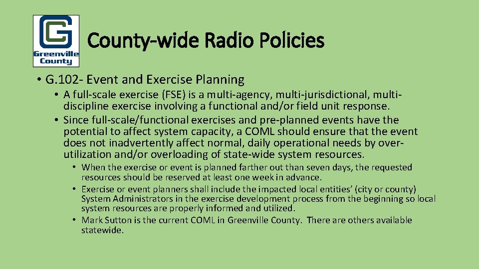 Pu County-wide Radio Policies • G. 102 - Event and Exercise Planning • A