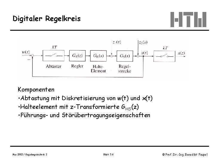 Digitaler Regelkreis Komponenten • Abtastung mit Diskretisierung von w(t) und x(t) • Halteelement mit