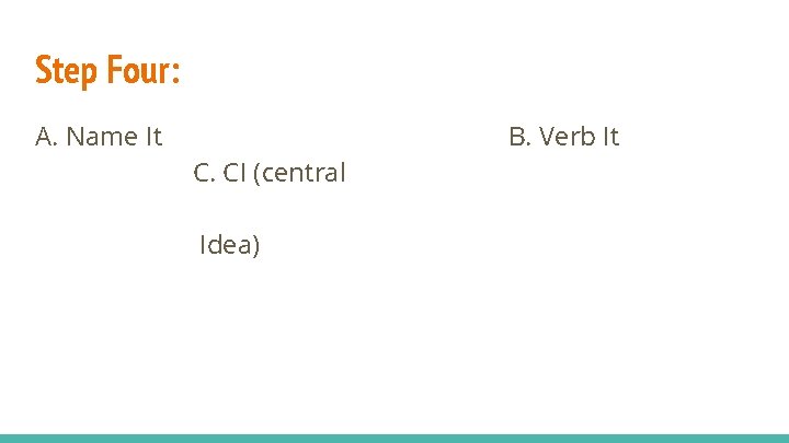 Step Four: A. Name It B. Verb It C. CI (central Idea) Step Four: A. Name It B. Verb It C. CI (central Idea)