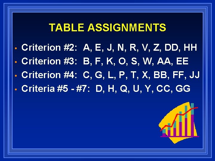 TABLE ASSIGNMENTS • • Criterion #2: A, E, J, N, R, V, Z, DD,