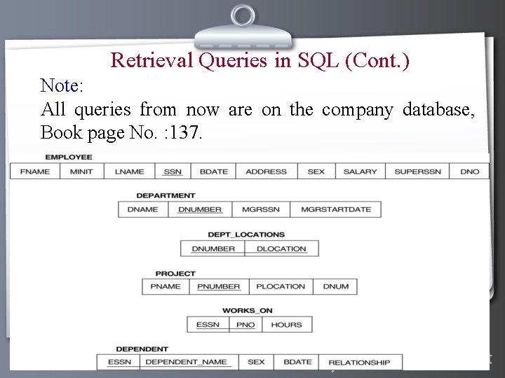 Retrieval Queries in SQL (Cont. ) Note: All queries from now are on the Retrieval Queries in SQL (Cont. ) Note: All queries from now are on the