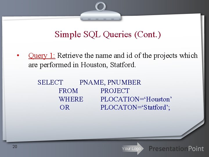 Simple SQL Queries (Cont. ) • Query 1: Retrieve the name and id of Simple SQL Queries (Cont. ) • Query 1: Retrieve the name and id of