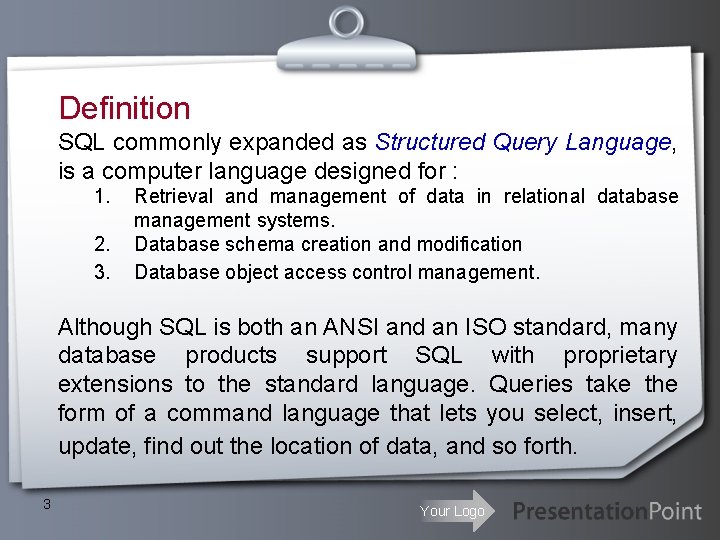 Definition SQL commonly expanded as Structured Query Language, is a computer language designed for Definition SQL commonly expanded as Structured Query Language, is a computer language designed for