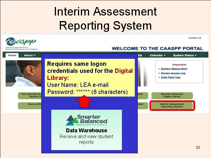 Interim Assessment Reporting System TOM TORLAKSON State Superintendent of Public Instruction Requires same logon