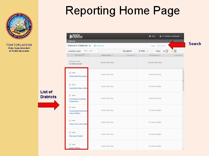 Reporting Home Page Search TOM TORLAKSON State Superintendent of Public Instruction List of Districts