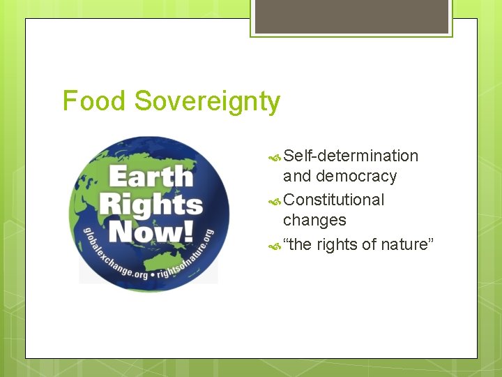 Food Sovereignty Self-determination and democracy Constitutional changes “the rights of nature” 