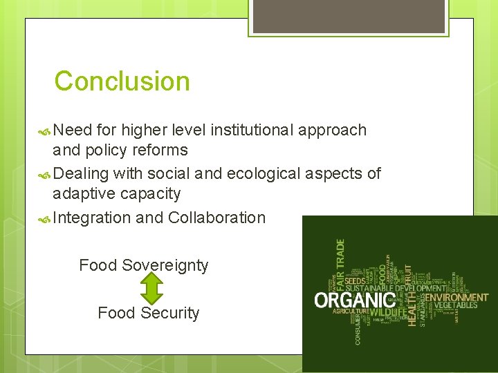 Conclusion Need for higher level institutional approach and policy reforms Dealing with social and