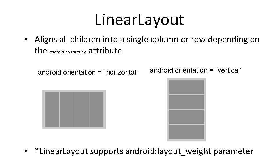 Linear. Layout • Aligns all children into a single column or row depending on
