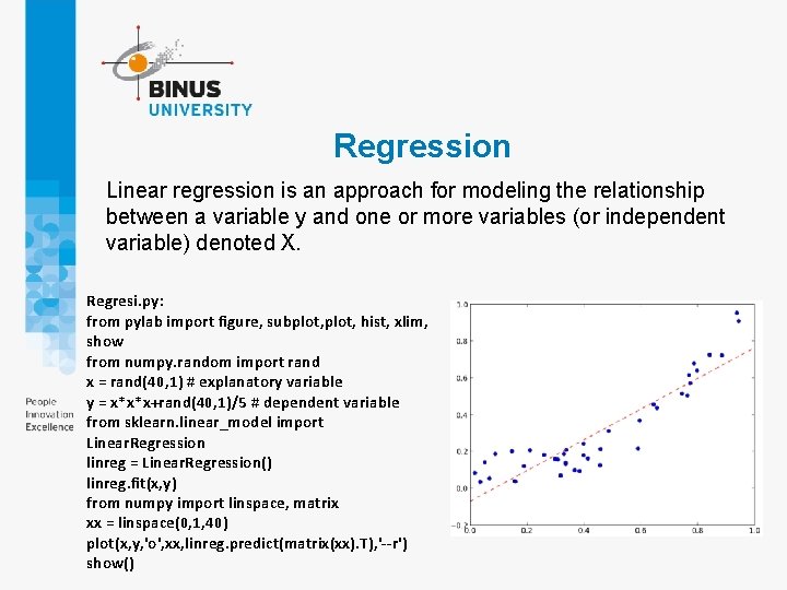 Regression Linear regression is an approach for modeling the relationship between a variable y