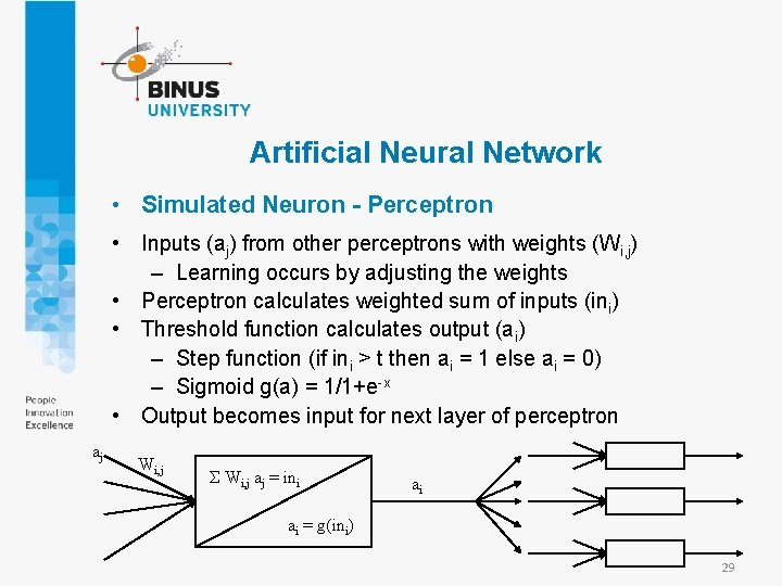 Artificial Neural Network • Simulated Neuron - Perceptron • Inputs (aj) from other perceptrons