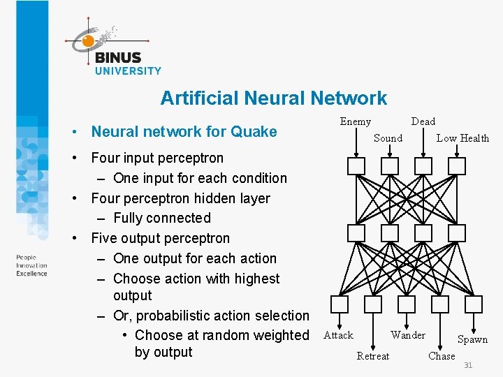 Artificial Neural Network • Neural network for Quake • Four input perceptron – One