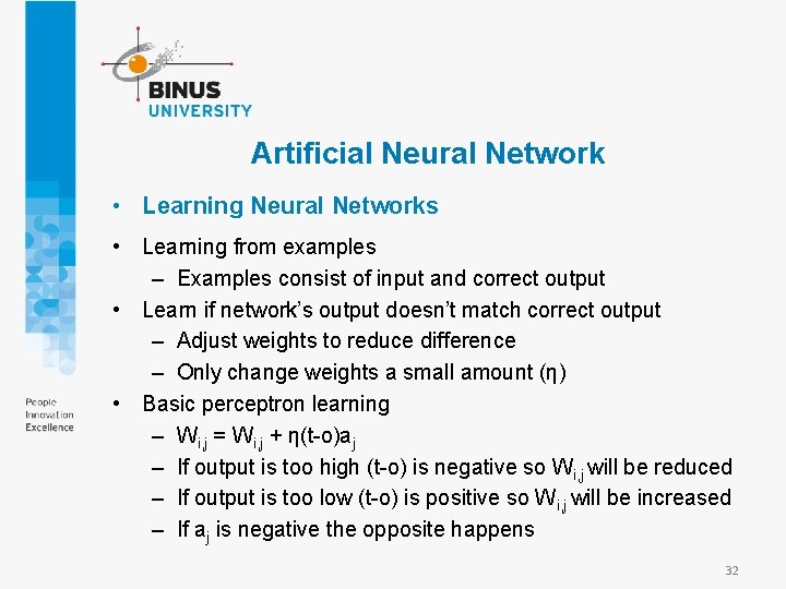 Artificial Neural Network • Learning Neural Networks • Learning from examples – Examples consist