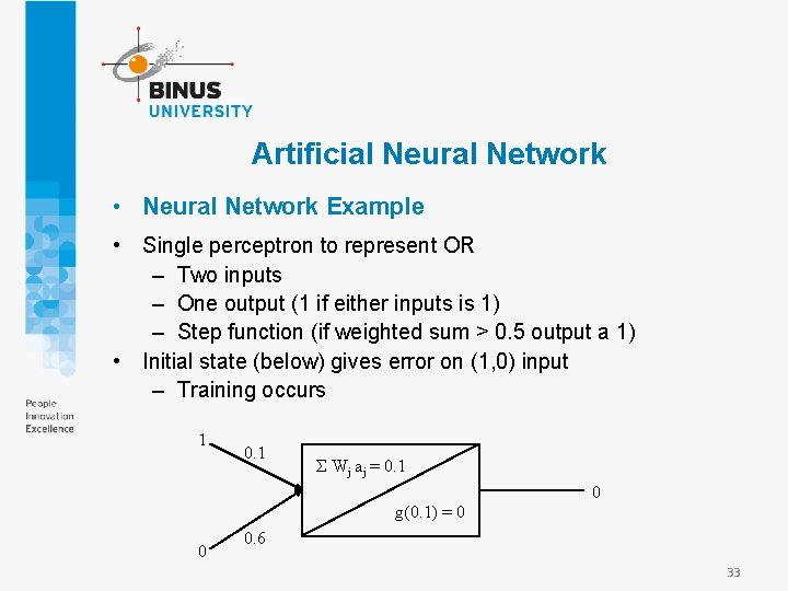 Artificial Neural Network • Neural Network Example • Single perceptron to represent OR –