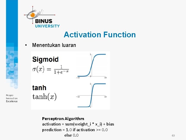 Activation Function • Menentukan luaran Perceptron Algorithm activation = sum(weight_i * x_i) + bias