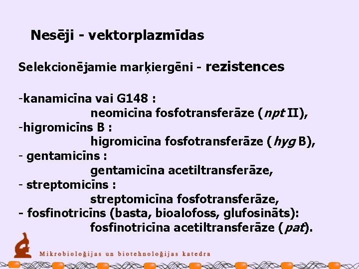 Nesēji - vektorplazmīdas Selekcionējamie marķiergēni - rezistences -kanamicīna vai G 148 : neomicīna fosfotransferāze