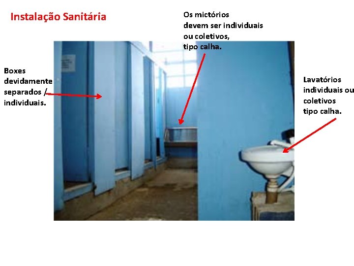 Instalação Sanitária Boxes devidamente separados / individuais. Os mictórios devem ser individuais ou coletivos,