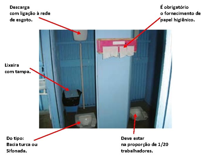 Descarga com ligação à rede de esgoto. É obrigatório o fornecimento de papel higiênico.