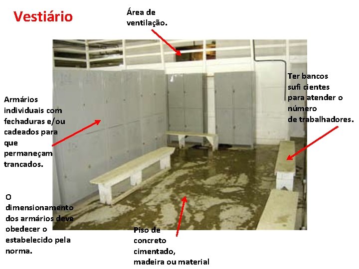 Vestiário Área de ventilação. Ter bancos sufi cientes para atender o número de trabalhadores.