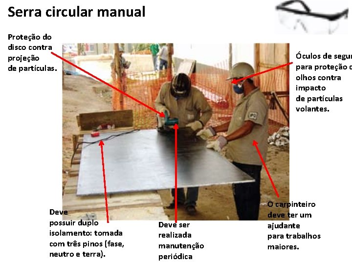 Serra circular manual Proteção do disco contra projeção de partículas. Deve possuir duplo isolamento: