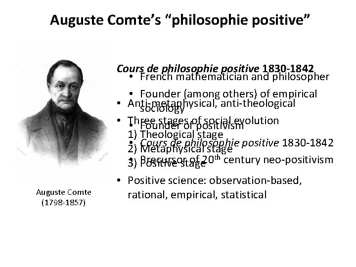 Auguste Comte’s “philosophie positive” Cours de philosophie positive 1830 -1842 • French mathematician and
