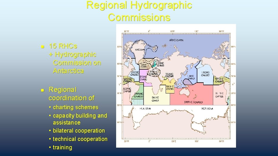 Regional Hydrographic Commissions n n 15 RHCs + Hydrographic Commission on Antarctica Regional coordination