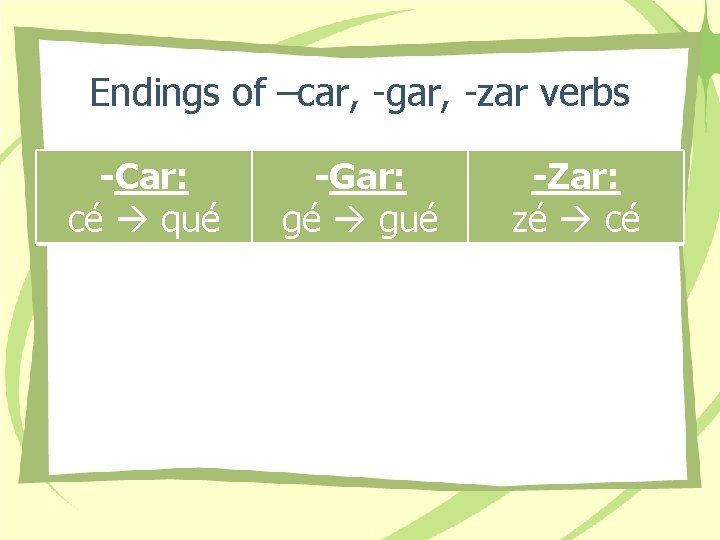 Endings of –car, -gar, -zar verbs -Car: cé qué -Gar: gé gué -Zar: zé