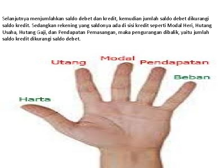 Selanjutnya menjumlahkan saldo debet dan kredit, kemudian jumlah saldo debet dikurangi saldo kredit. Sedangkan