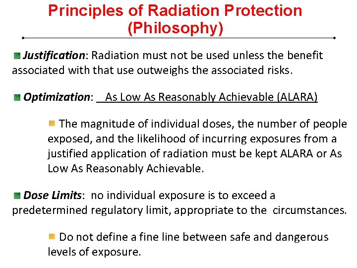 Principles of Radiation Protection (Philosophy) Justification: Radiation must not be used unless the benefit