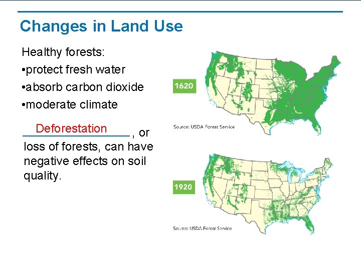 Changes in Land Use Healthy forests: • protect fresh water • absorb carbon dioxide