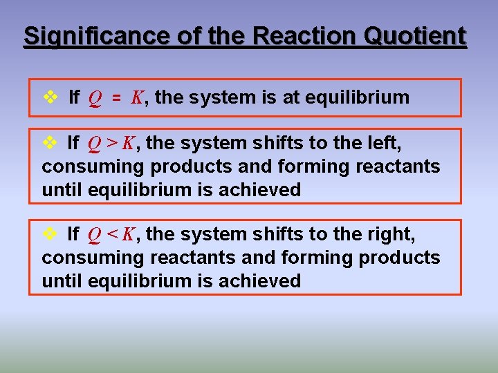 Significance of the Reaction Quotient v If Q = K, the system is at